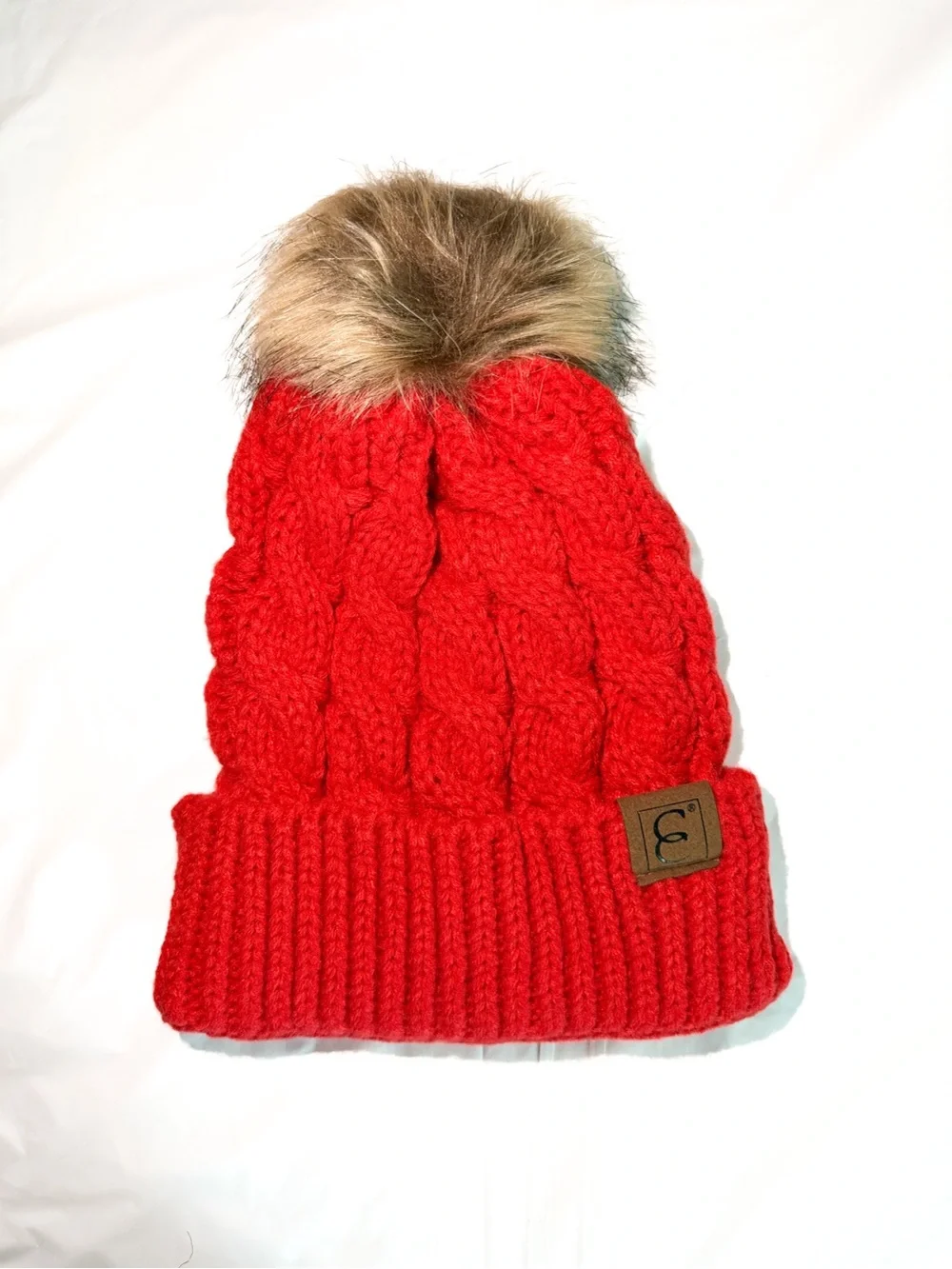 Red Cable Knit Pom Beanie